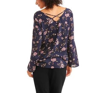 Faded Glory floral bell sleeve blouse with cross back details size S